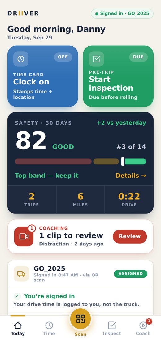 Today: time card, pre-trip, safety score and coaching